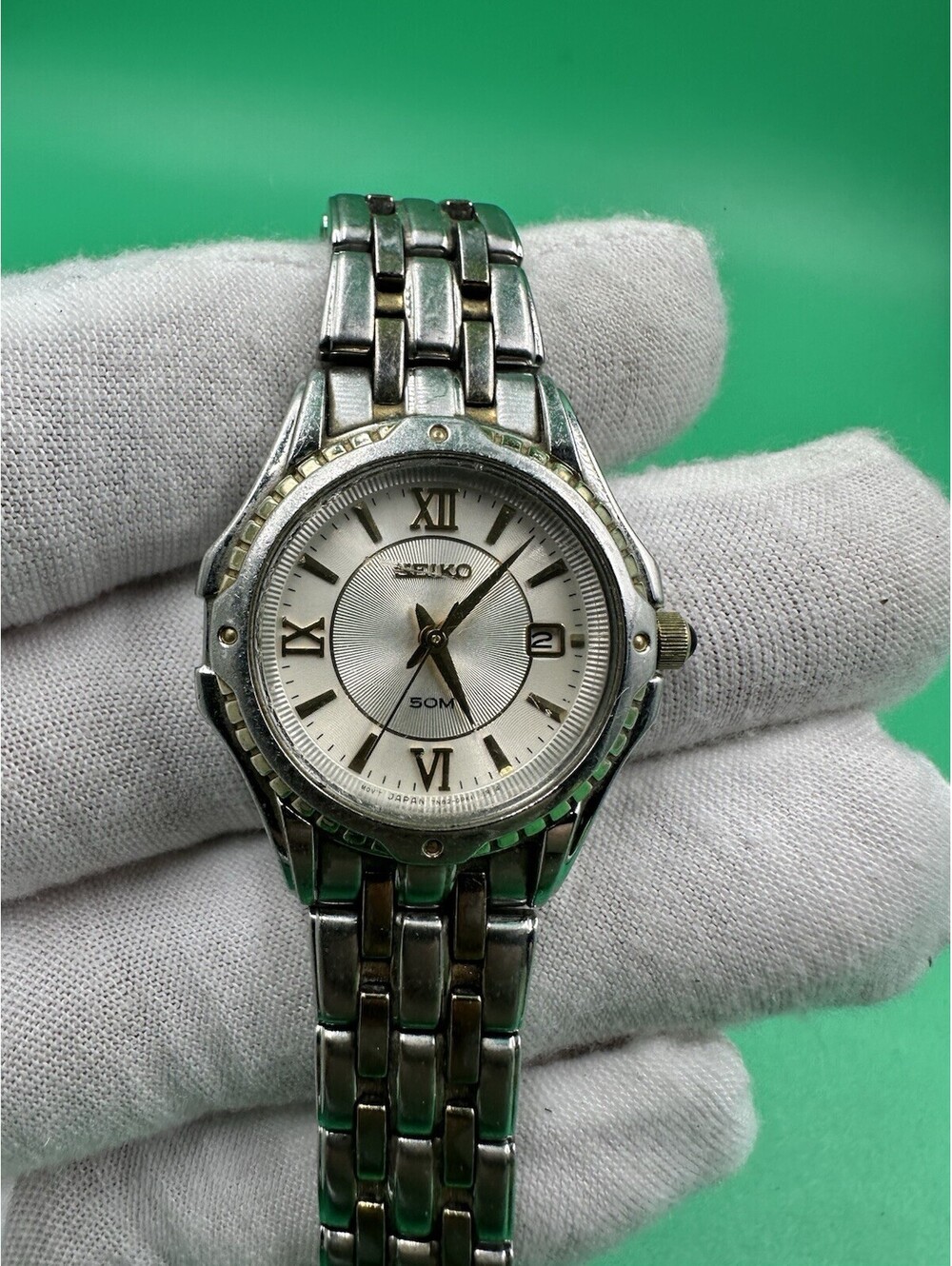 SEIKO WOMEN'S SPORT WATCH 7N82-0GE0 DATE WR 165' ALL STAINLESS 6 1/2"
